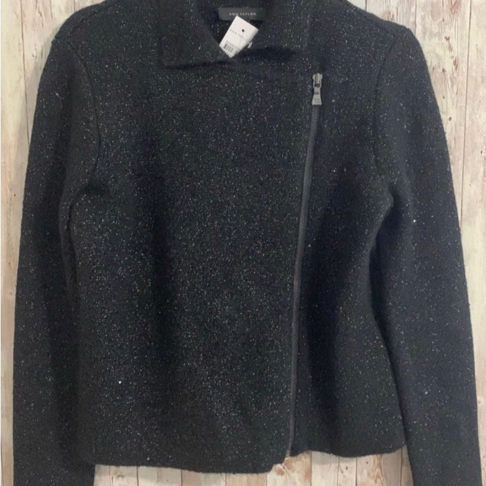 Ann Taylor holiday sequin new small Sweater Moto jacket